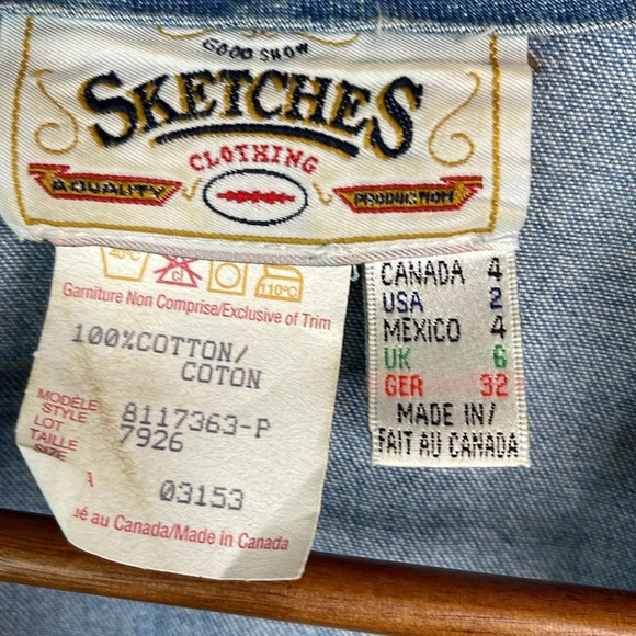 Y2K 90s Vintage Sketches Embroidered Denim Jacket Bolero Crop Blue Light Wash 4 - Picture 6 of 8